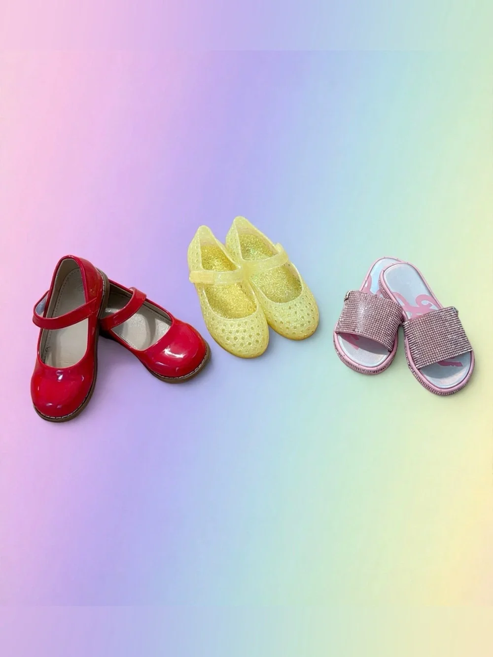 Set of 3 Yellow Glitter Mary Jane shoes for Girls Red shoes and Pink Sandals